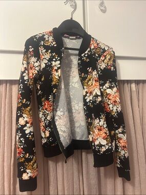 Just 2 Cute Girls Black Floral Bomber Jacket with Orange, White & Gold Flowers